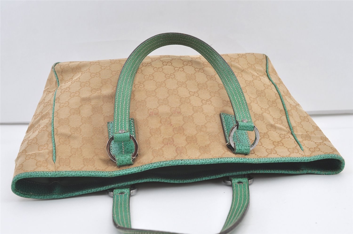 Authentic GUCCI Shoulder Tote Bag GG Canvas Leather 113017 Beige Blue 0763K