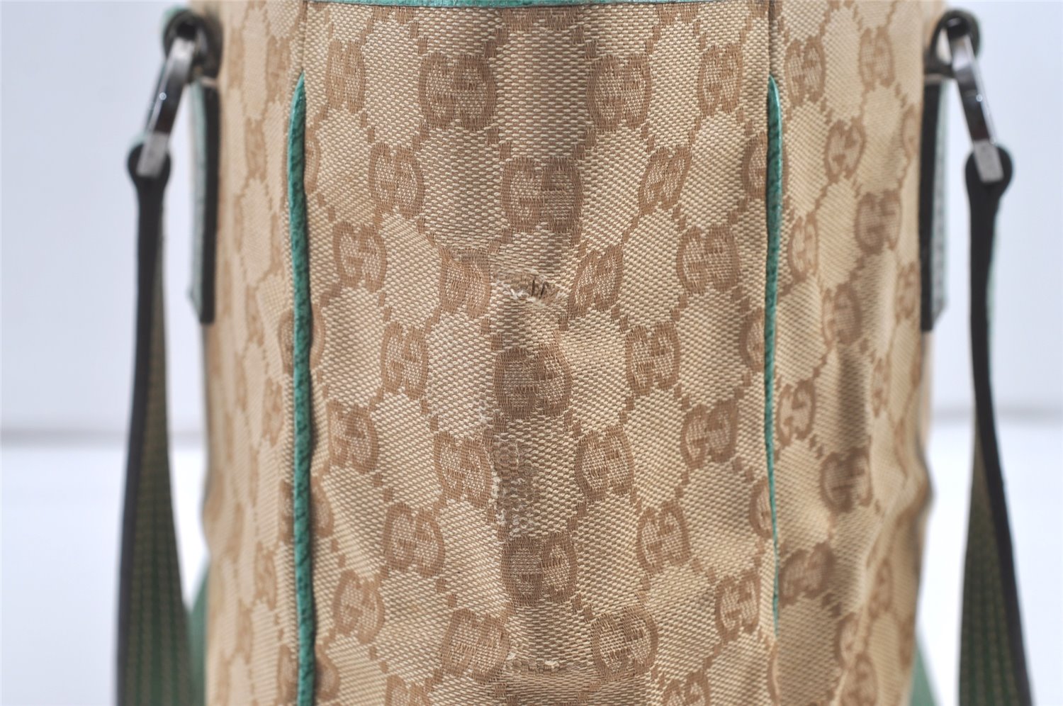 Authentic GUCCI Shoulder Tote Bag GG Canvas Leather 113017 Beige Blue 0763K