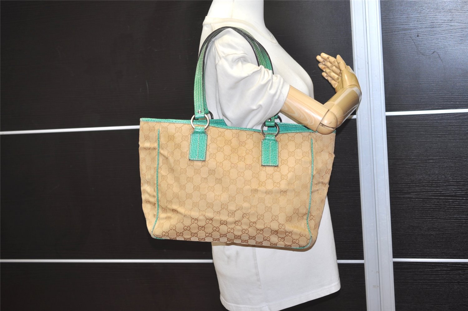 Authentic GUCCI Shoulder Tote Bag GG Canvas Leather 113017 Beige Blue 0763K