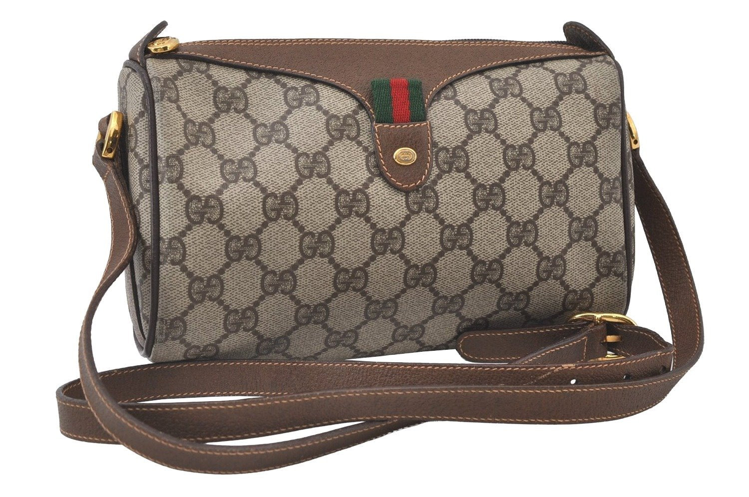 Authentic GUCCI Web Sherry Line Shoulder Cross Bag GG PVC Leather Brown 0765J