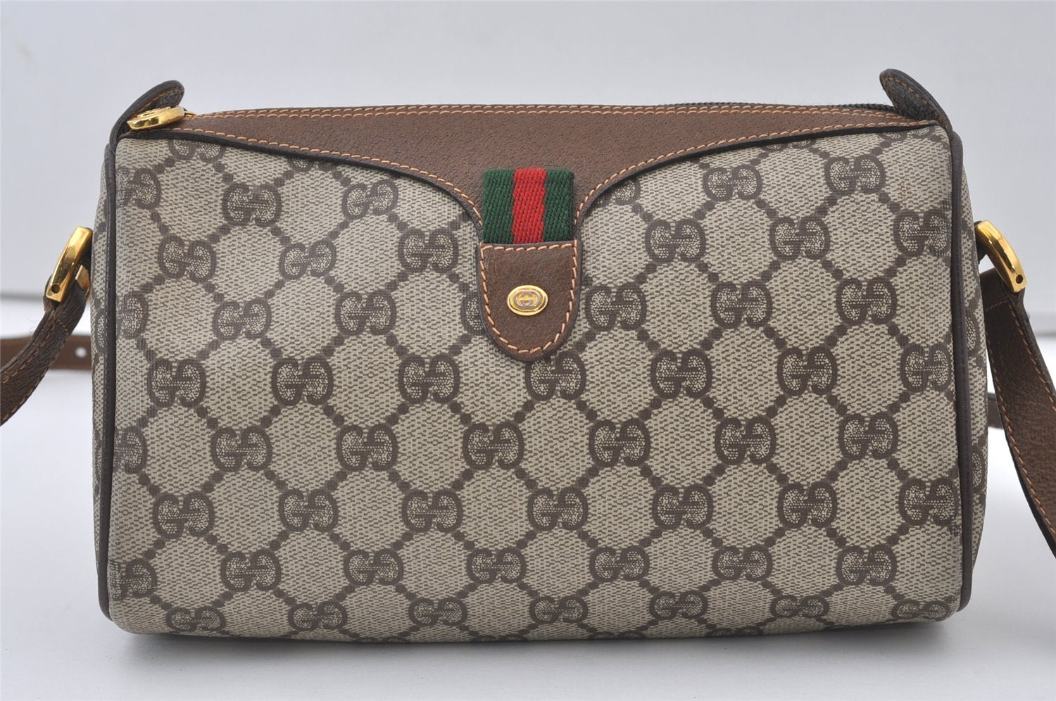 Authentic GUCCI Web Sherry Line Shoulder Cross Bag GG PVC Leather Brown 0765J
