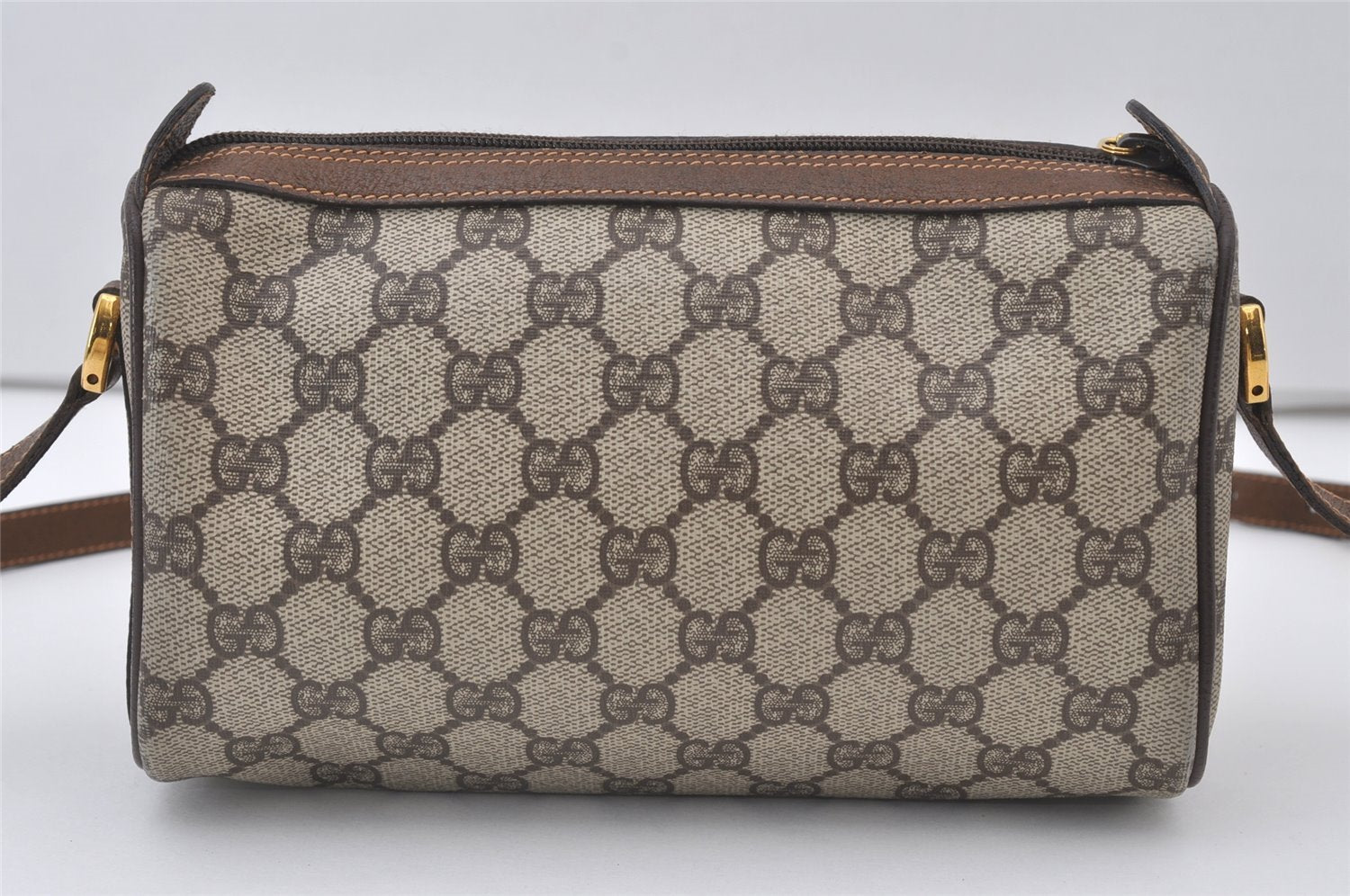 Authentic GUCCI Web Sherry Line Shoulder Cross Bag GG PVC Leather Brown 0765J