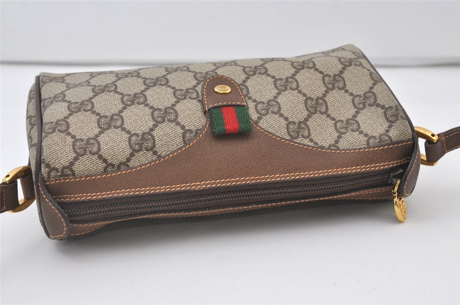 Authentic GUCCI Web Sherry Line Shoulder Cross Bag GG PVC Leather Brown 0765J