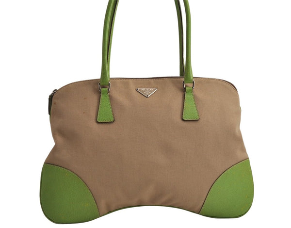 Authentic PRADA Vintage Canvas Leather Shoulder Tote Bag Beige Light Green 0765K