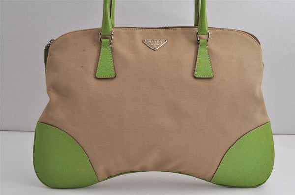 Authentic PRADA Vintage Canvas Leather Shoulder Tote Bag Beige Light Green 0765K