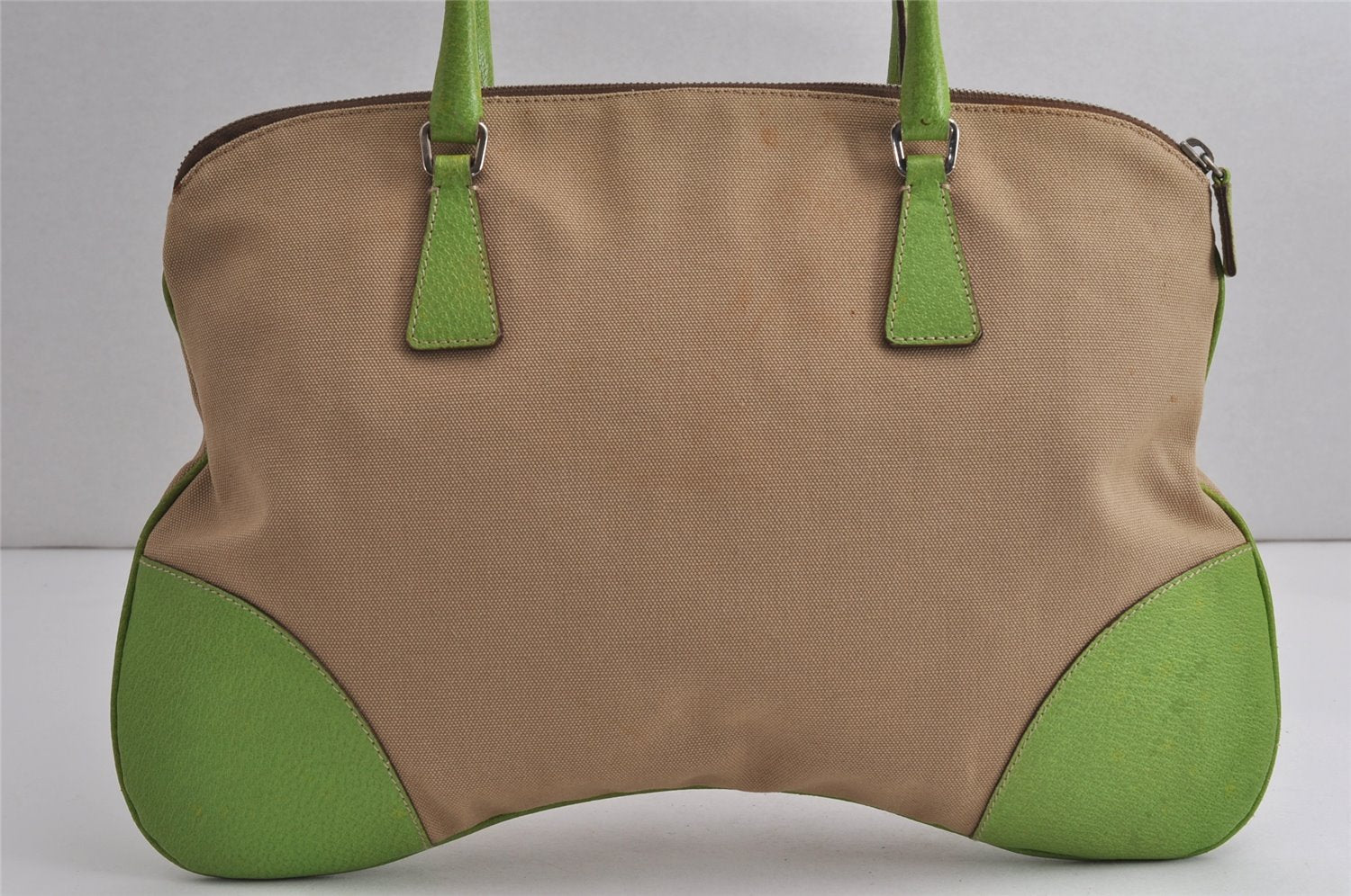 Authentic PRADA Vintage Canvas Leather Shoulder Tote Bag Beige Light Green 0765K