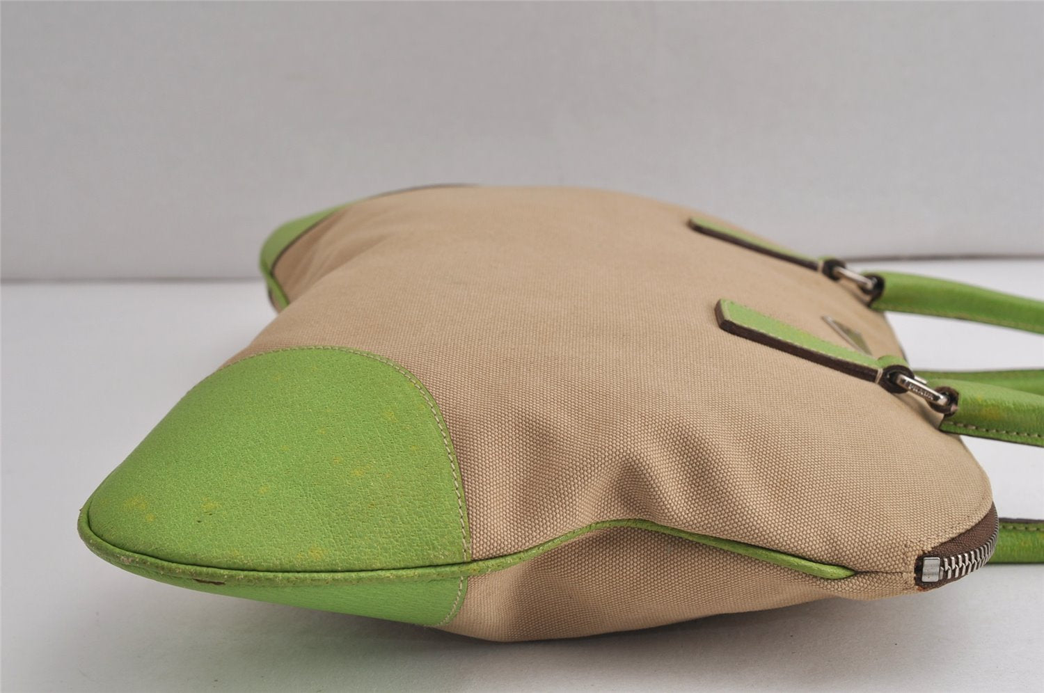 Authentic PRADA Vintage Canvas Leather Shoulder Tote Bag Beige Light Green 0765K