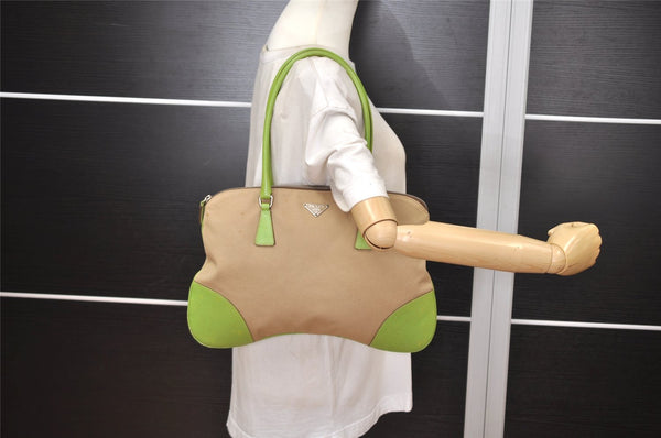 Authentic PRADA Vintage Canvas Leather Shoulder Tote Bag Beige Light Green 0765K