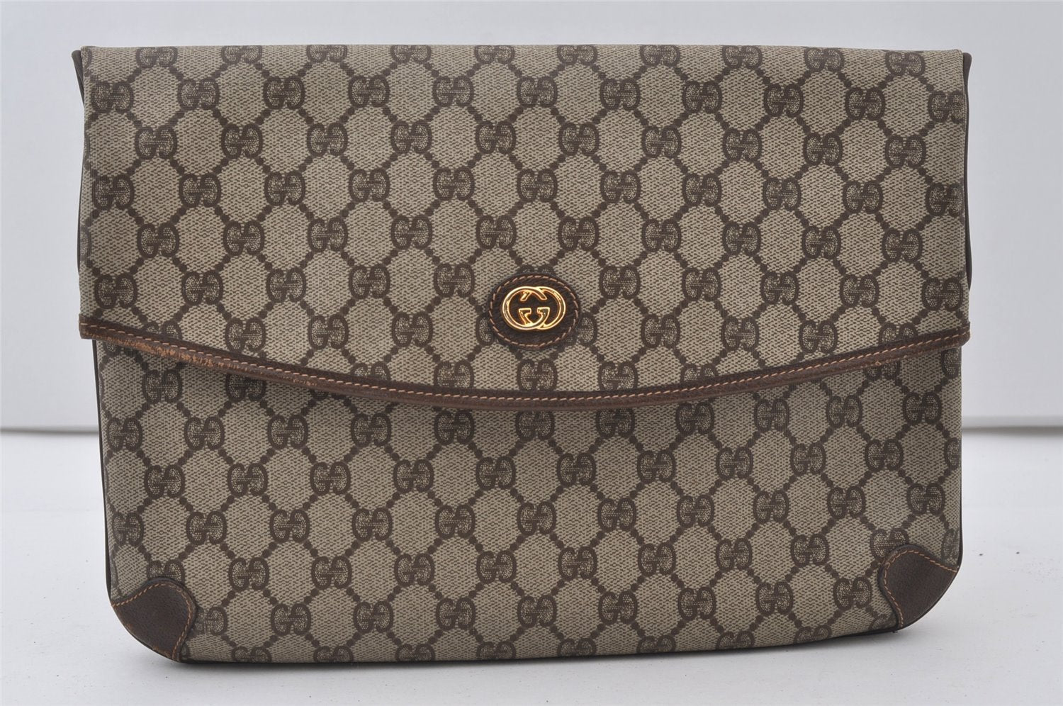 Authentic GUCCI Vintage Clutch Hand Bag Purse GG PVC Leather Brown Junk 0766J