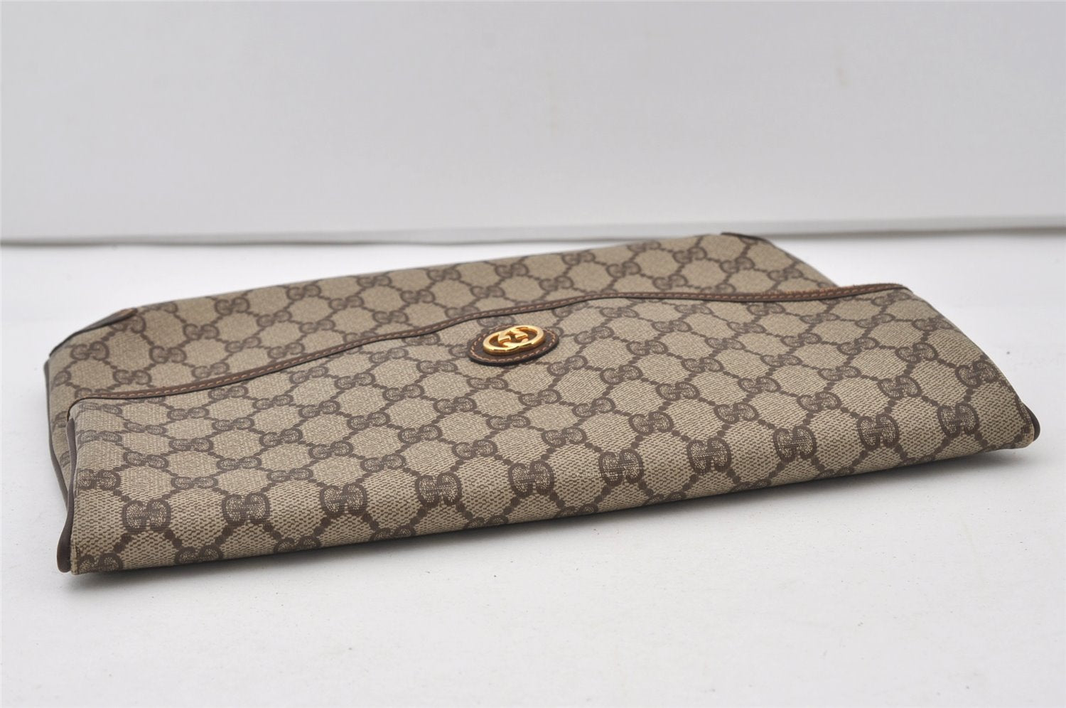 Authentic GUCCI Vintage Clutch Hand Bag Purse GG PVC Leather Brown Junk 0766J