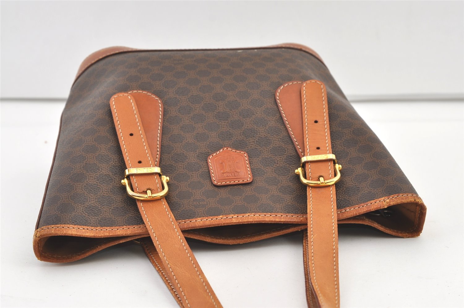 Authentic CELINE Macadam Blason Shoulder Hand Bag Purse PVC Leather Brown 0767K