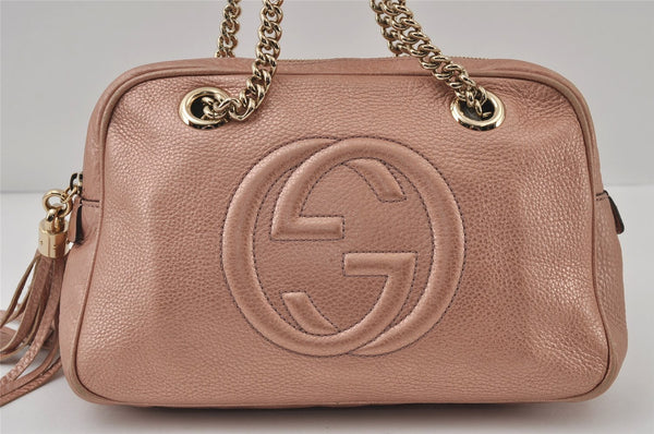Authentic GUCCI SOHO Tassel Chain Shoulder Hand Bag GG Leather 308983 Pink 0768J