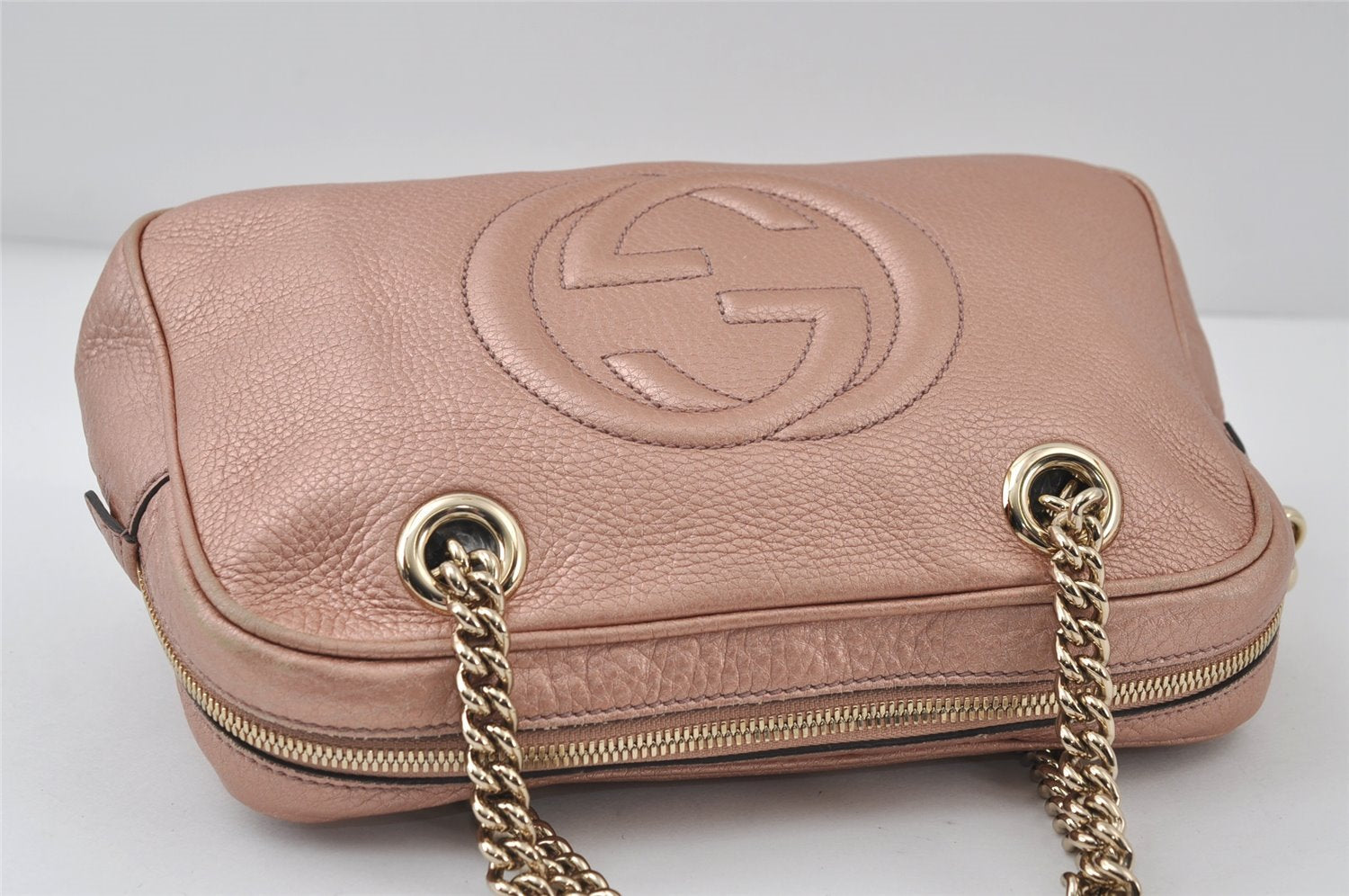 Authentic GUCCI SOHO Tassel Chain Shoulder Hand Bag GG Leather 308983 Pink 0768J