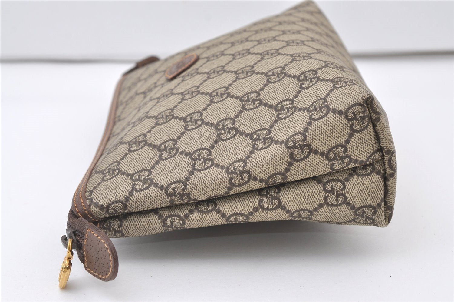 Authentic GUCCI Vintage Clutch Hand Bag Purse GG PVC Leather Brown Junk 0769J