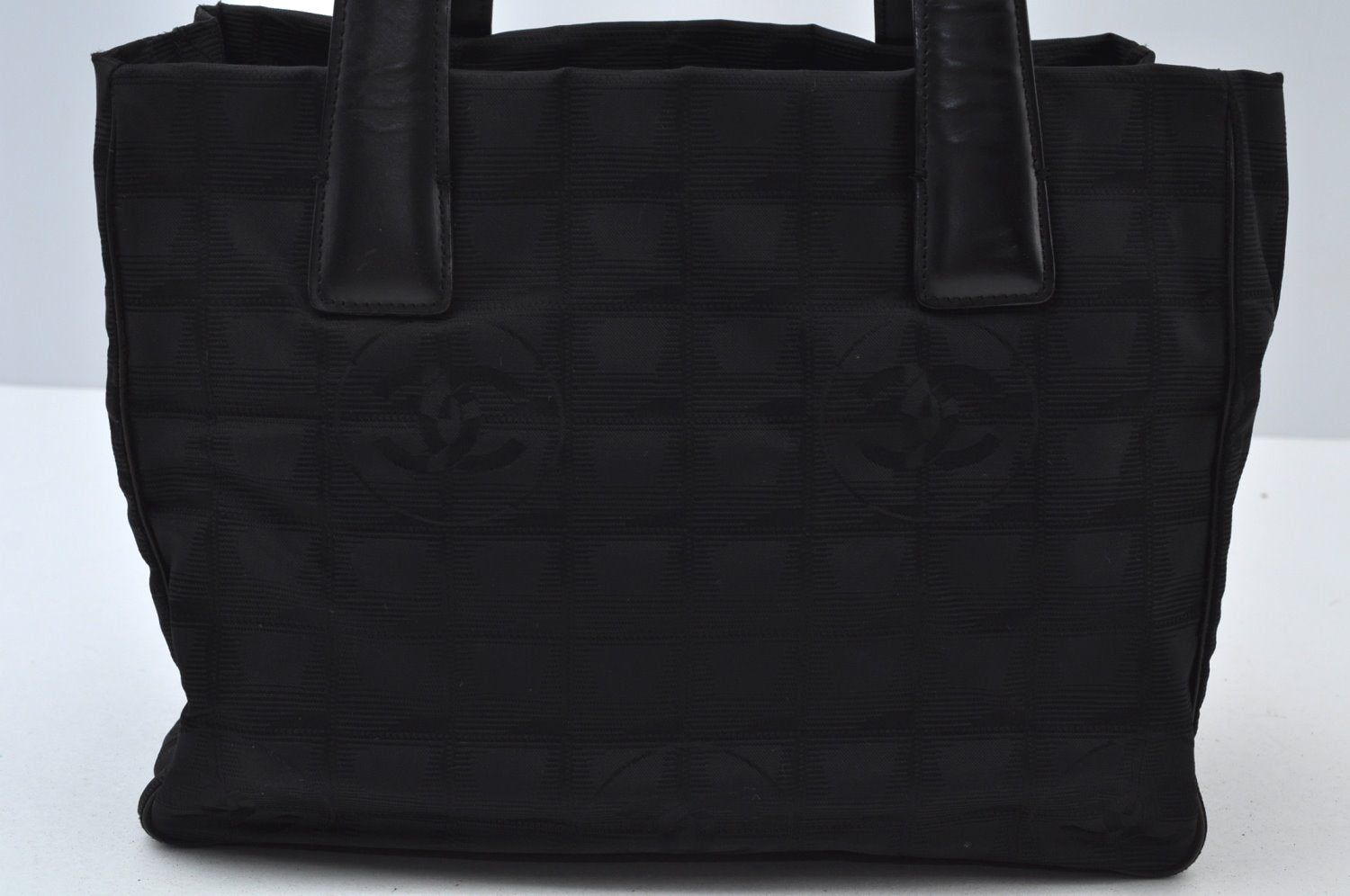 Authentic CHANEL New Travel Line Shoulder Tote Bag Nylon Leather Black 0772J