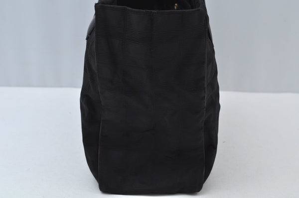 Authentic CHANEL New Travel Line Shoulder Tote Bag Nylon Leather Black 0772J