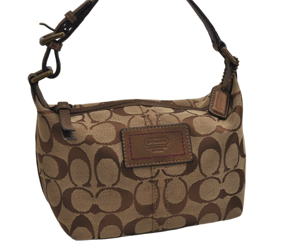 Authentic COACH Signature Hand Bag Pouch Purse Canvas Leather Brown 0778K