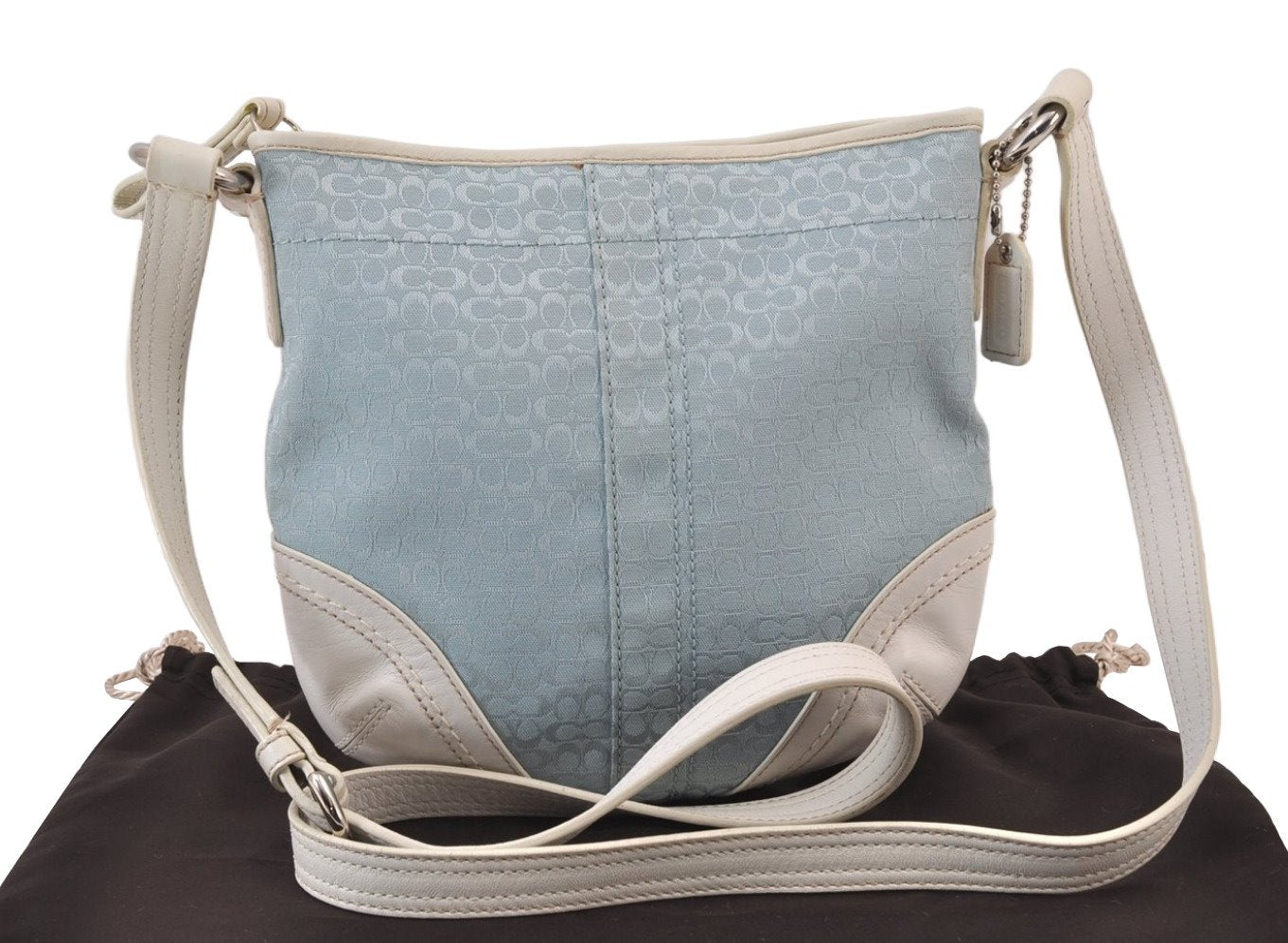 Authentic COACH Signature Shoulder Cross Bag Canvas Leather Light Blue 0786K