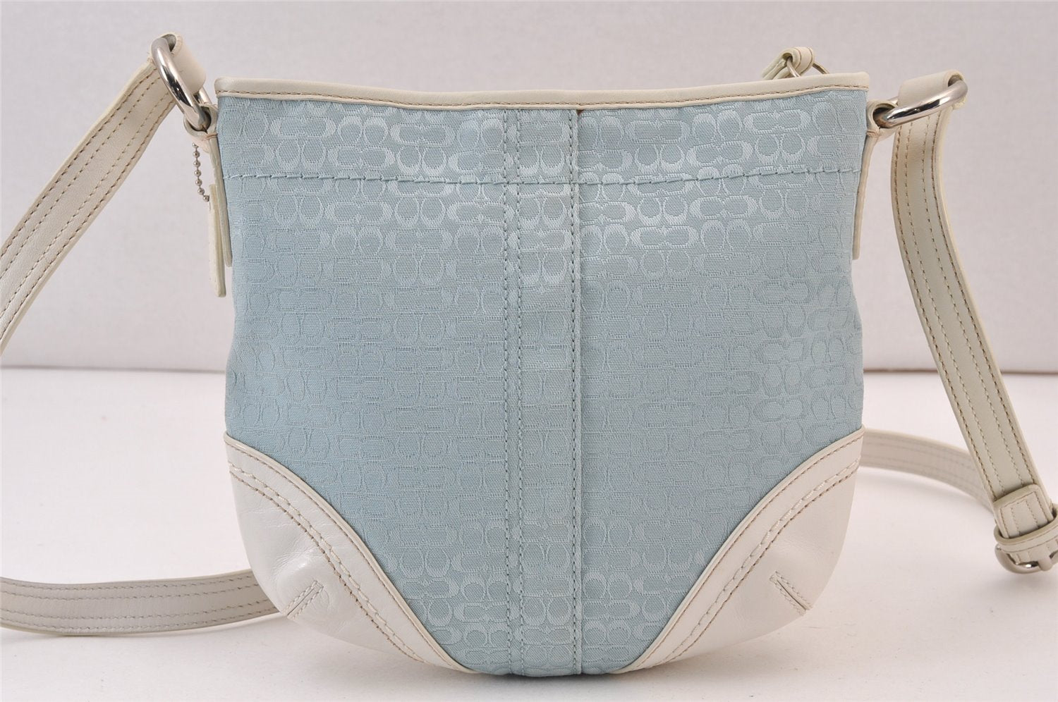 Authentic COACH Signature Shoulder Cross Bag Canvas Leather Light Blue 0786K