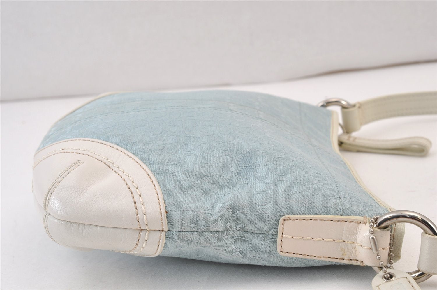 Authentic COACH Signature Shoulder Cross Bag Canvas Leather Light Blue 0786K