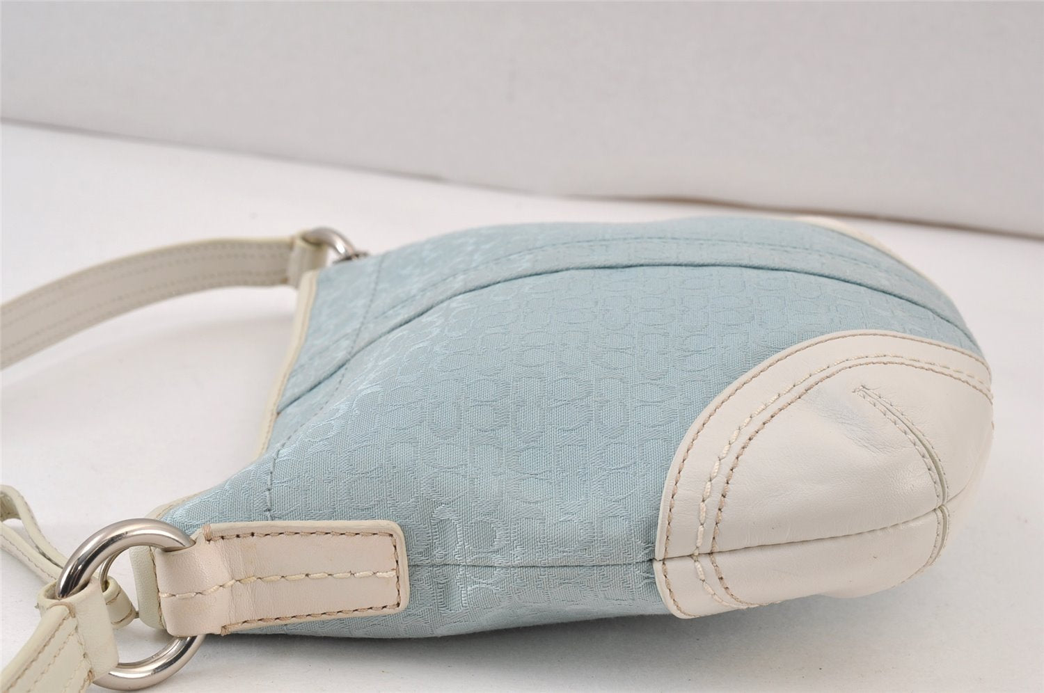 Authentic COACH Signature Shoulder Cross Bag Canvas Leather Light Blue 0786K