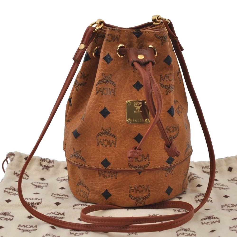 Authentic MCM Visetos Leather Shoulder Cross Body Drawstring Bag Brown 0791J