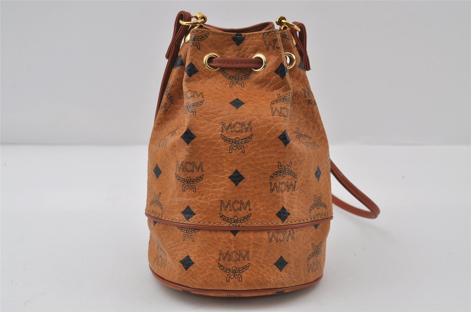 Authentic MCM Visetos Leather Shoulder Cross Body Drawstring Bag Brown 0791J