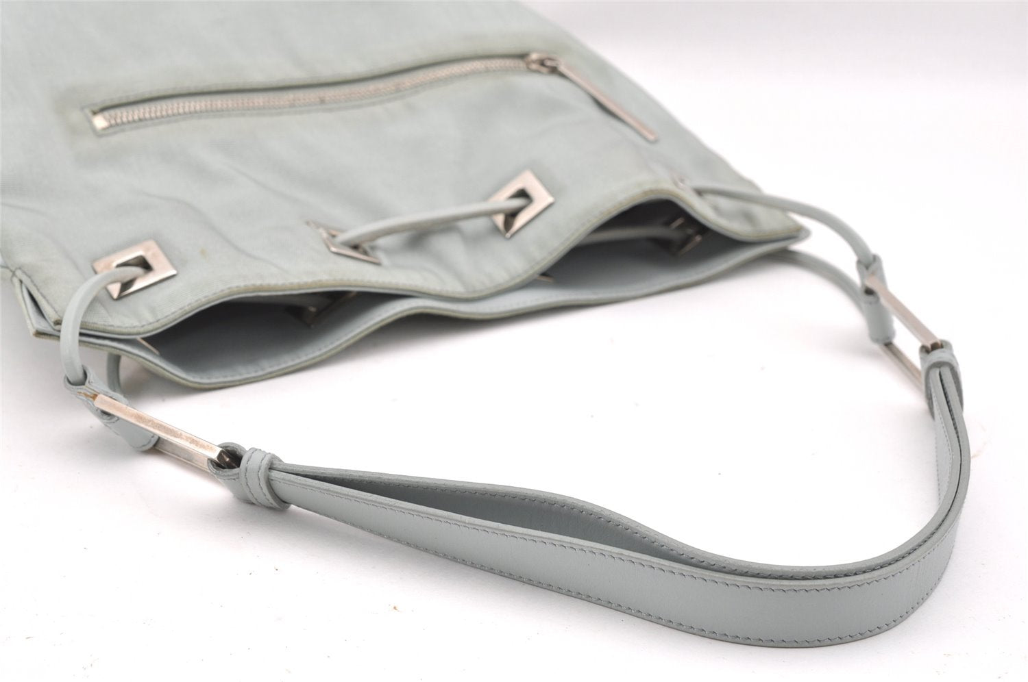 Authentic GUCCI Shoulder Drawstring Bag Canvas Leather 0014021 Light Blue 0796J