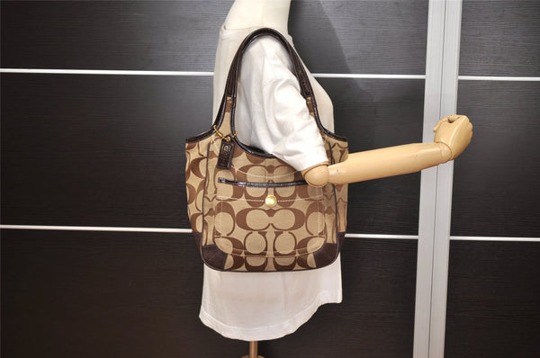 Authentic COACH Signature Shoulder Tote Bag Purse Canvas Enamel Brown 0797K