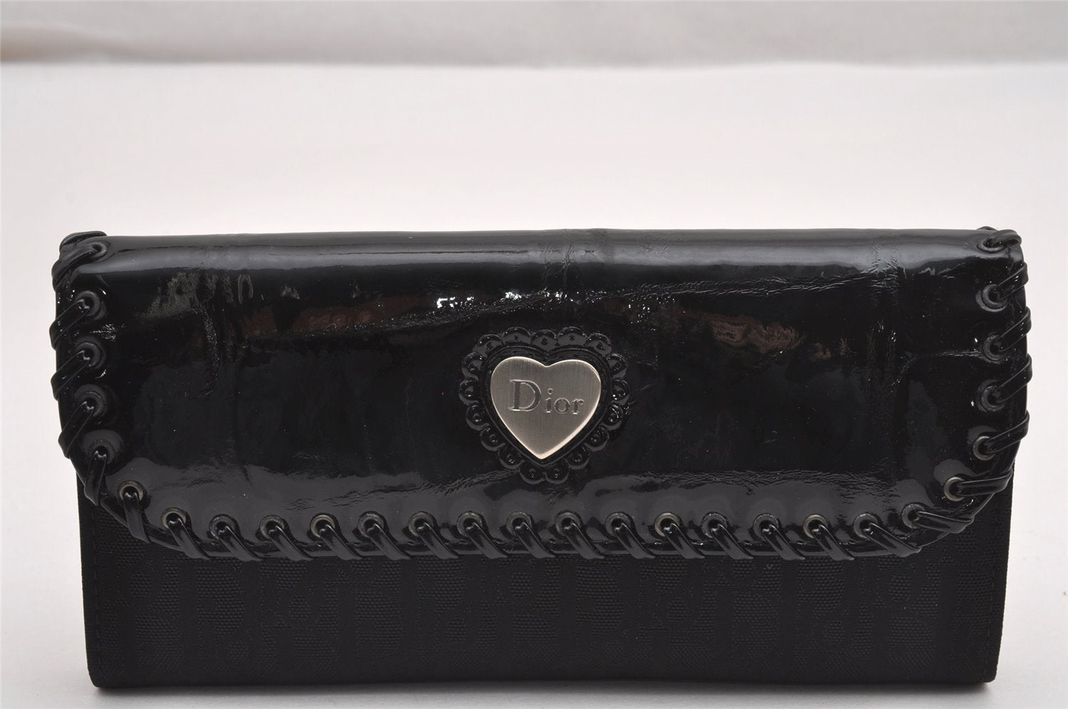 Authentic Christian Dior Ethnic Heart Long Wallet Purse Nylon Enamel Black 0798J