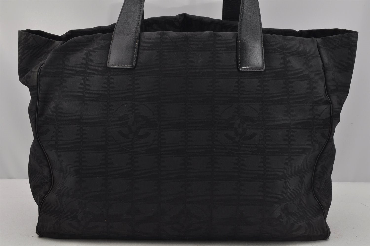 Authentic CHANEL New Travel Line Shoulder Tote Bag Nylon Leather Black 0802J