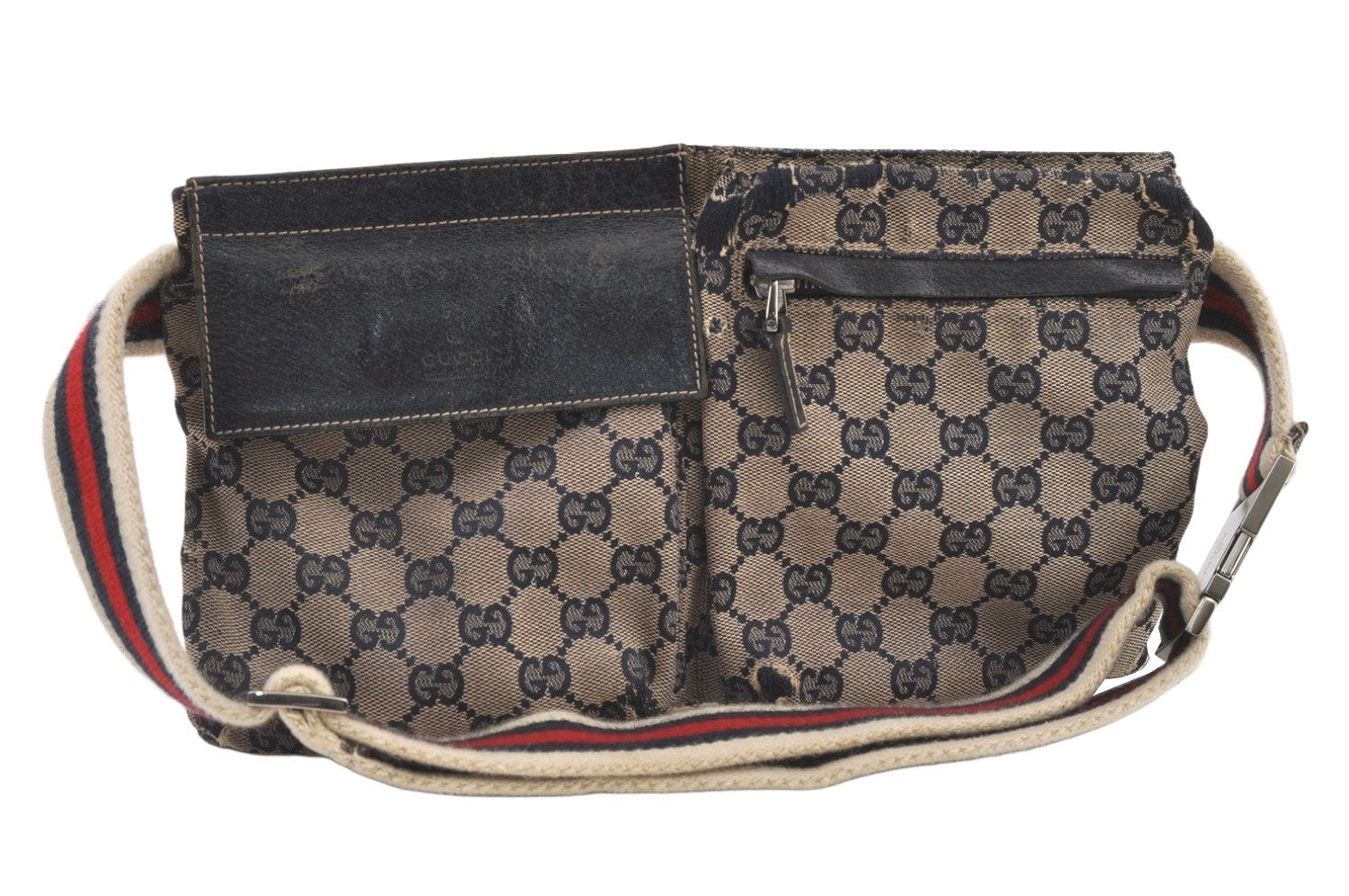Authentic GUCCI Sherry Line Waist Body Bag Canvas Leather 28566 Navy 0811K