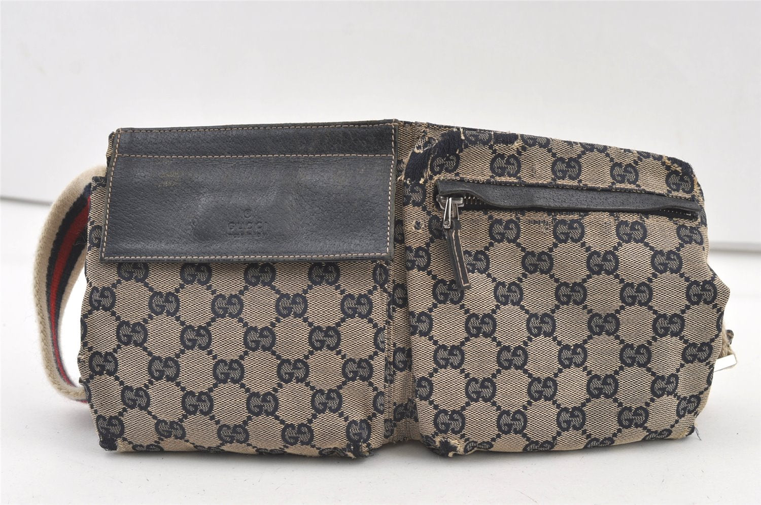 Authentic GUCCI Sherry Line Waist Body Bag Canvas Leather 28566 Navy 0811K