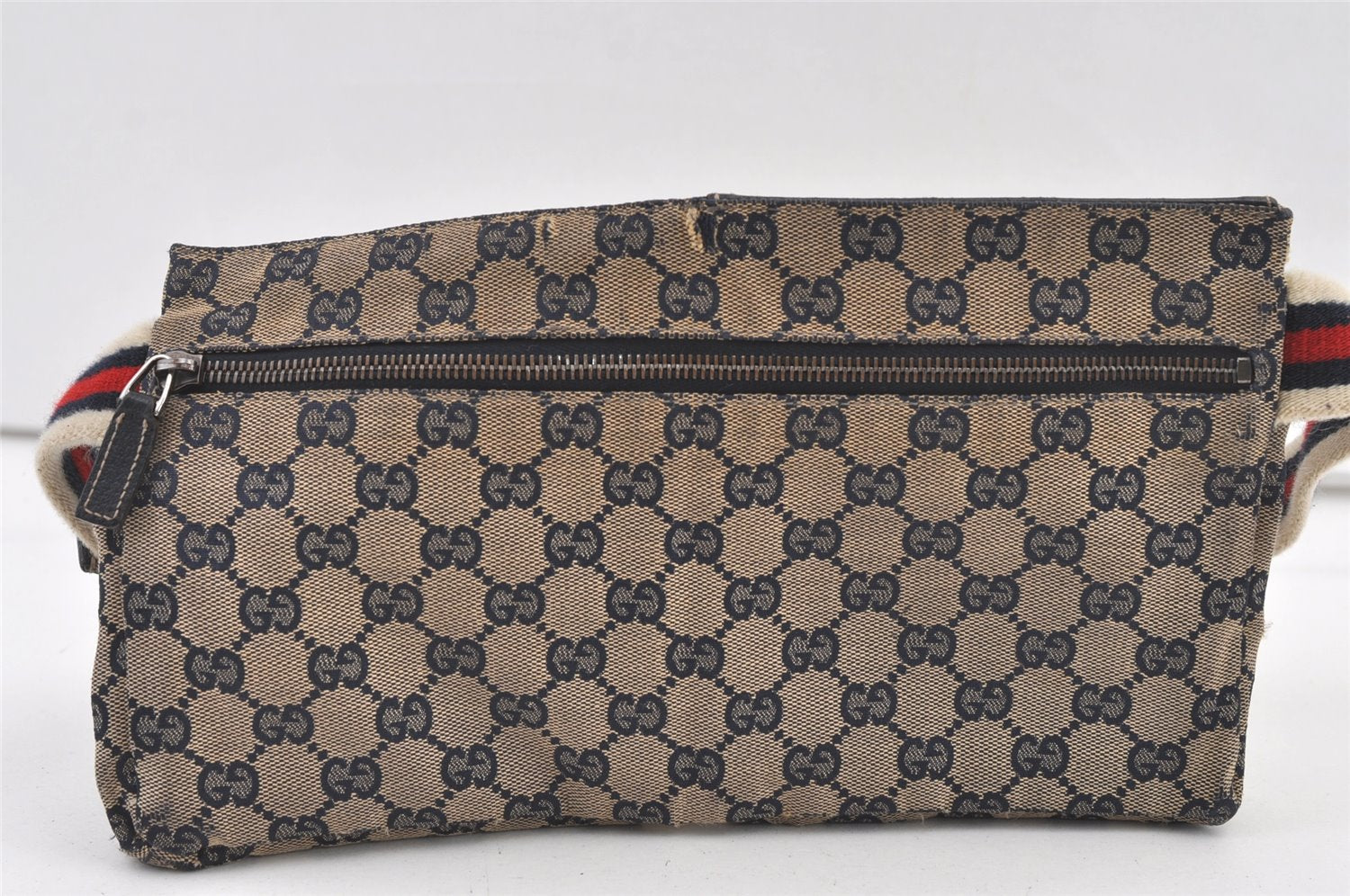Authentic GUCCI Sherry Line Waist Body Bag Canvas Leather 28566 Navy 0811K