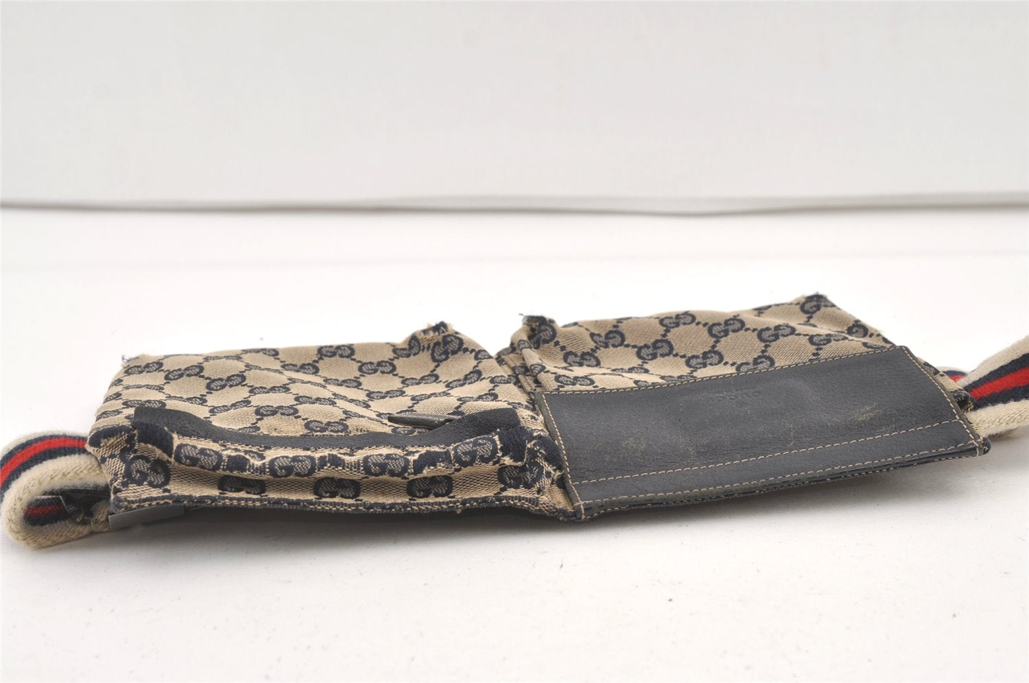 Authentic GUCCI Sherry Line Waist Body Bag Canvas Leather 28566 Navy 0811K