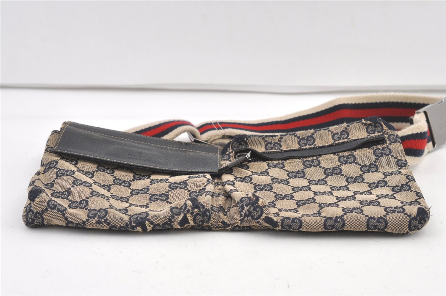 Authentic GUCCI Sherry Line Waist Body Bag Canvas Leather 28566 Navy 0811K