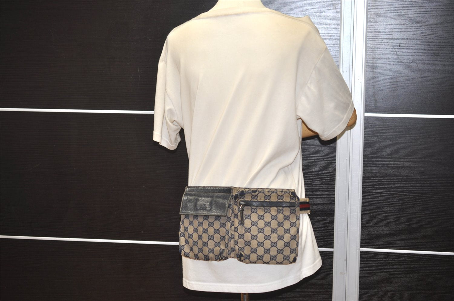 Authentic GUCCI Sherry Line Waist Body Bag Canvas Leather 28566 Navy 0811K