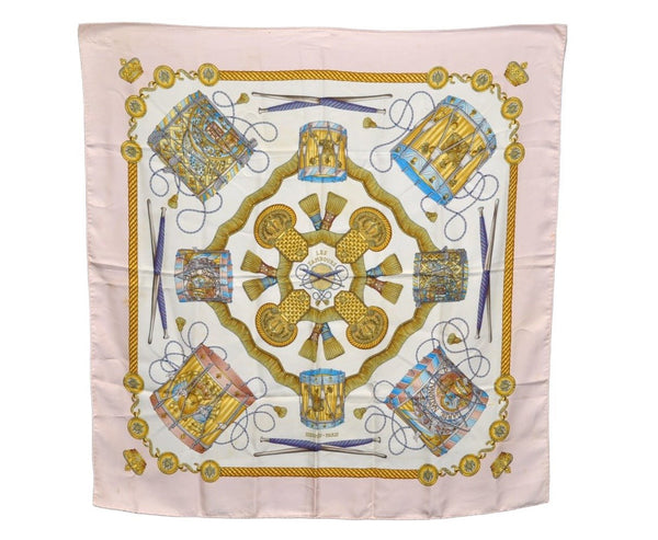 Authentic HERMES Carre 90 Scarf "LES TAMBOURS " Silk Pink 0812J