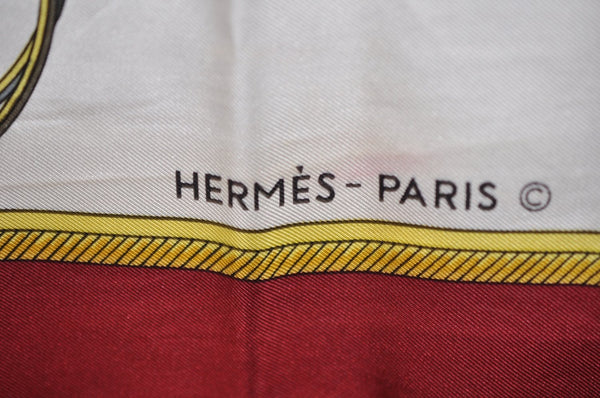 Auth HERMES Carre 90 Scarf "LES VOITURES A TRANSFORMATION" Silk Bordeaux 0813J