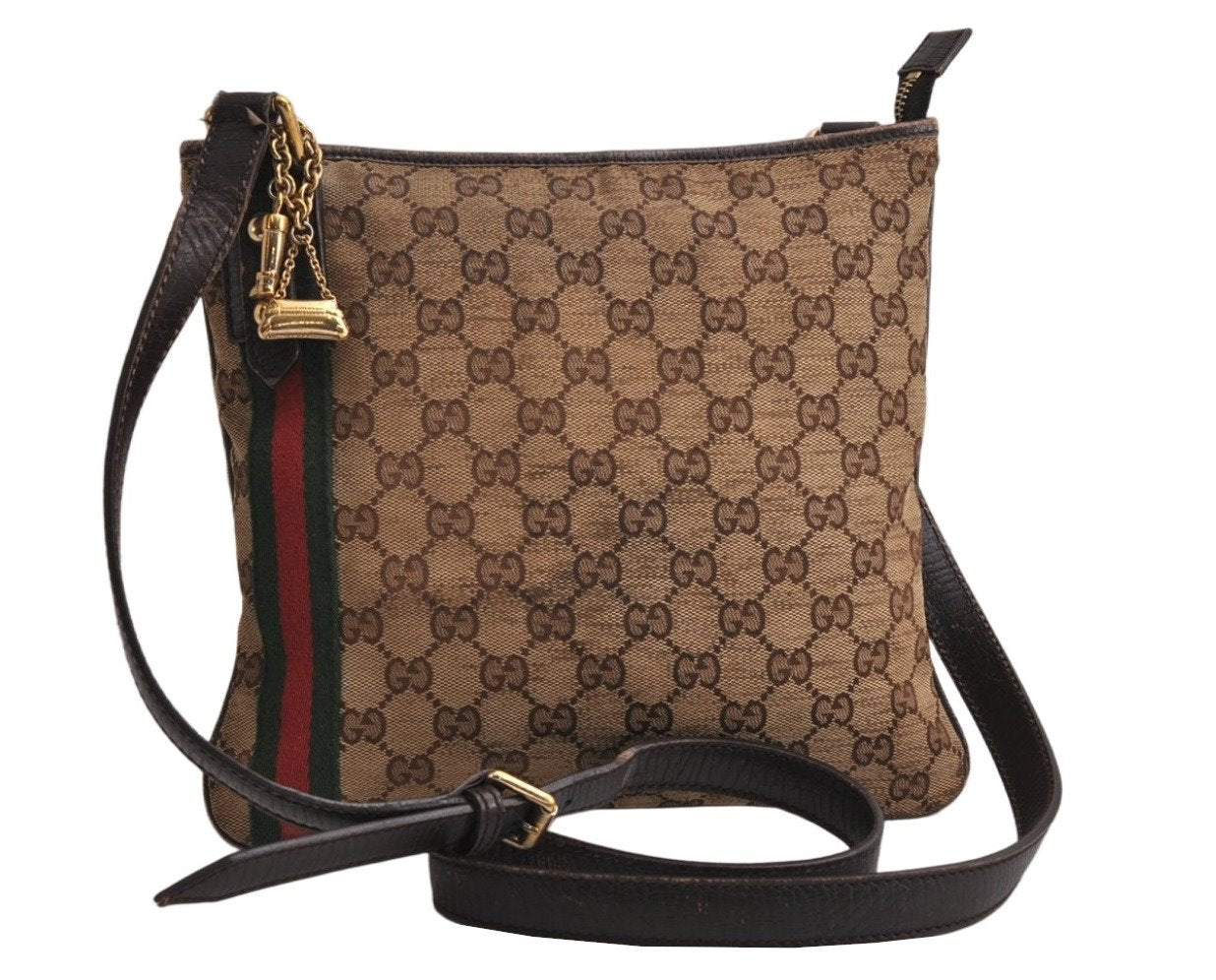 Auth GUCCI Web Sherry Line Shoulder Bag GG Canvas Leather 144388 Brown 0813K