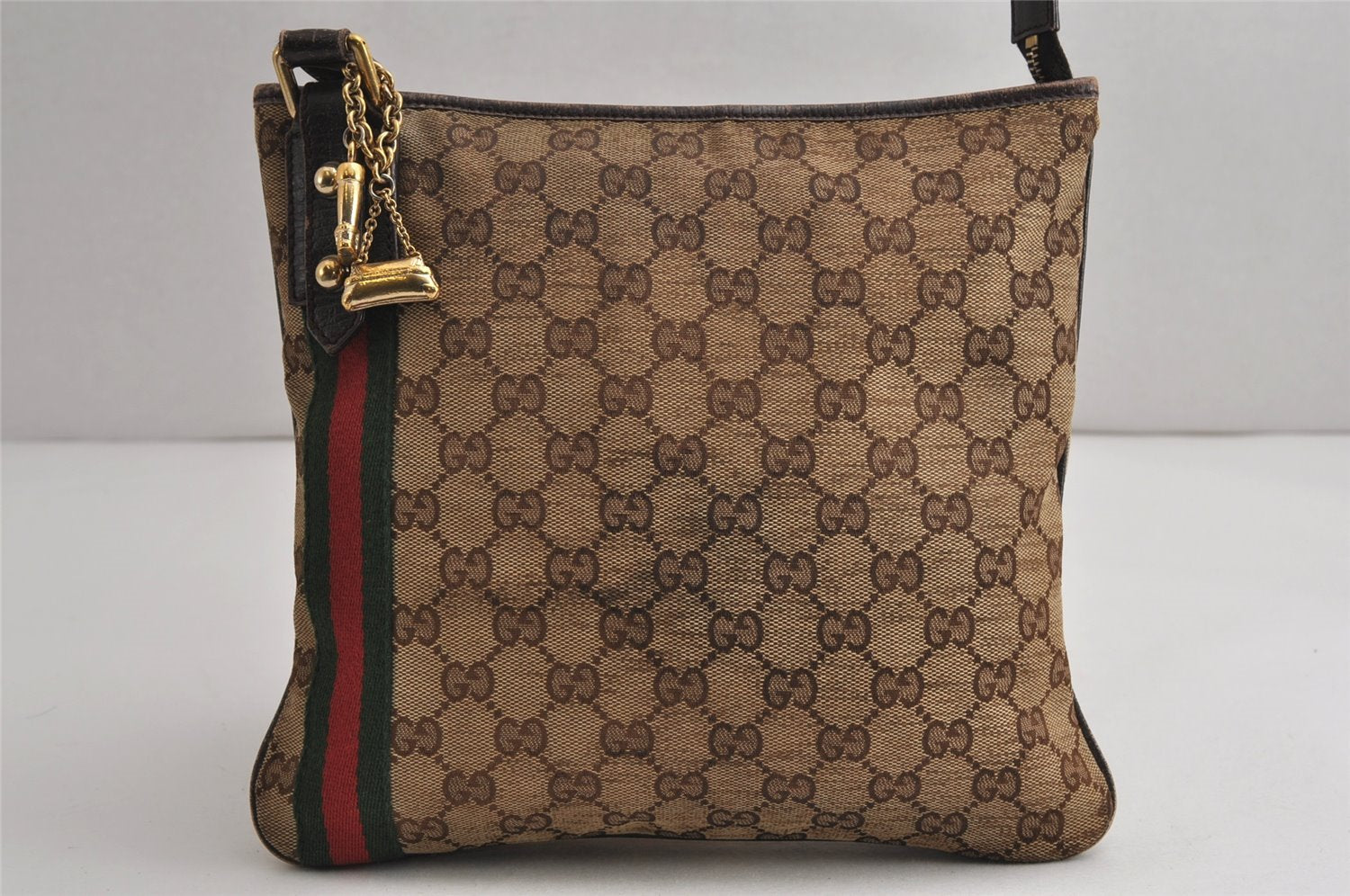 Auth GUCCI Web Sherry Line Shoulder Bag GG Canvas Leather 144388 Brown 0813K