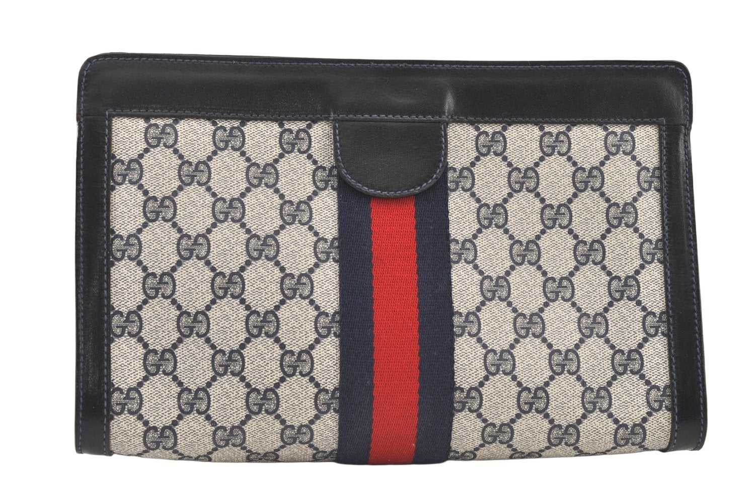 Authentic GUCCI Sherry Line Clutch Hand Bag GG PVC Leather Navy Blue Junk 0815K