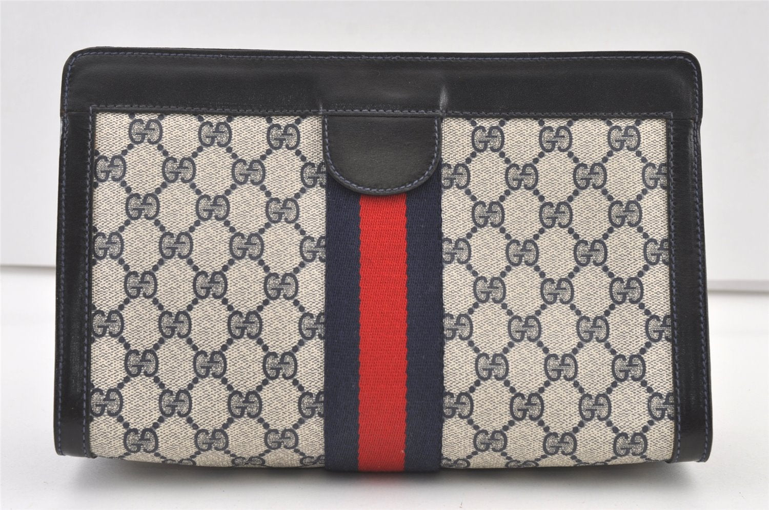 Authentic GUCCI Sherry Line Clutch Hand Bag GG PVC Leather Navy Blue Junk 0815K