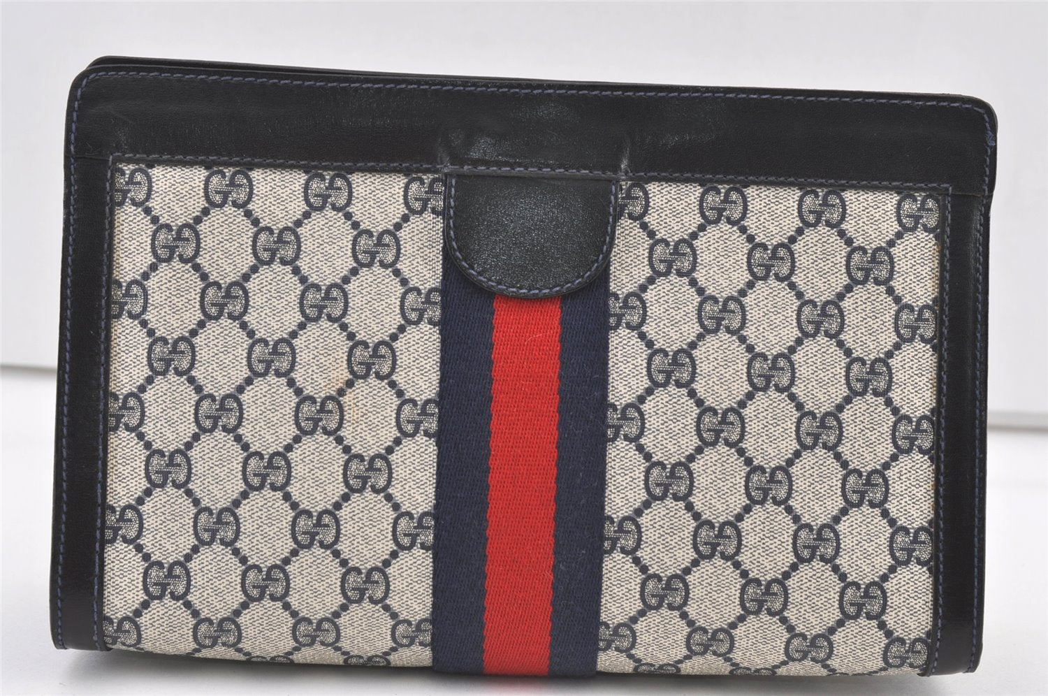 Authentic GUCCI Sherry Line Clutch Hand Bag GG PVC Leather Navy Blue Junk 0815K