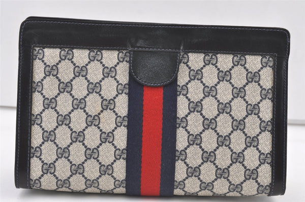 Authentic GUCCI Sherry Line Clutch Hand Bag GG PVC Leather Navy Blue Junk 0815K