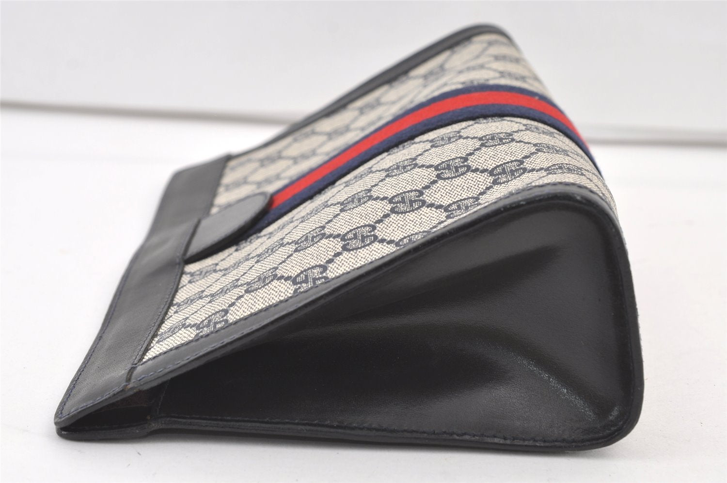 Authentic GUCCI Sherry Line Clutch Hand Bag GG PVC Leather Navy Blue Junk 0815K