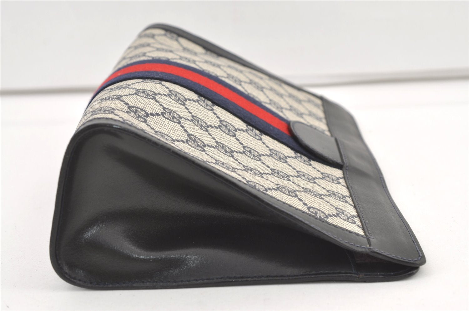 Authentic GUCCI Sherry Line Clutch Hand Bag GG PVC Leather Navy Blue Junk 0815K