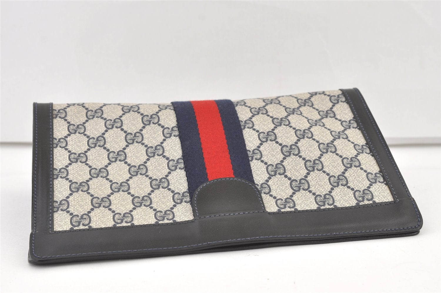Authentic GUCCI Sherry Line Clutch Hand Bag GG PVC Leather Navy Blue Junk 0815K