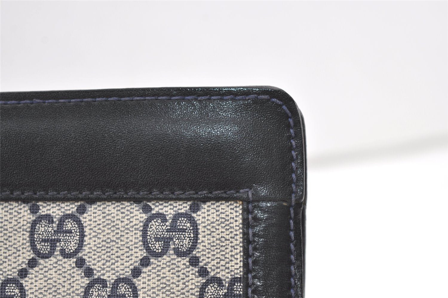 Authentic GUCCI Sherry Line Clutch Hand Bag GG PVC Leather Navy Blue Junk 0815K