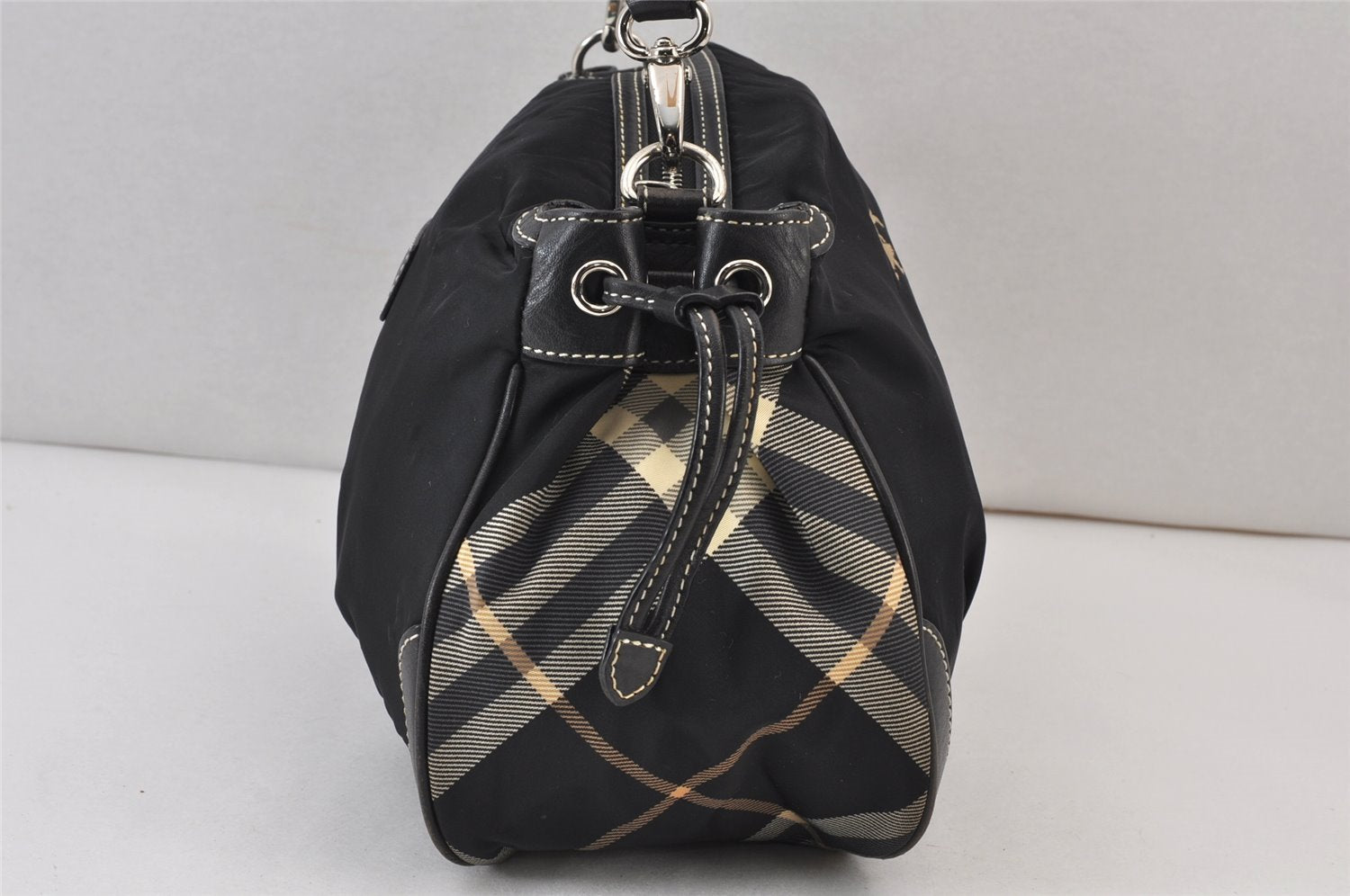 Authentic BURBERRY BLUE LABEL Check 2Way Shoulder Bag Nylon Leather Black 0817K